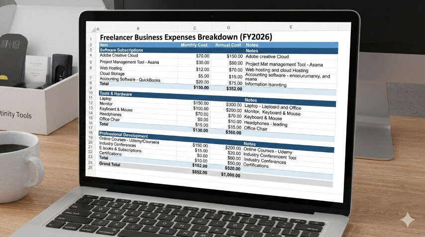 Breakdown of typical freelancer business expenses including software, tools, and professional development