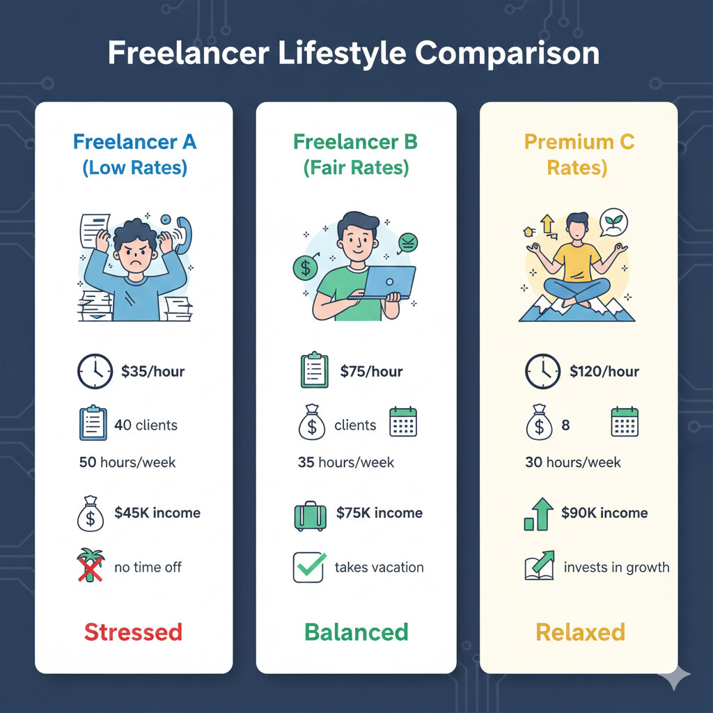 Comparison of three freelancers with different rates, showing how higher rates lead to better income, fewer clients, and less stress